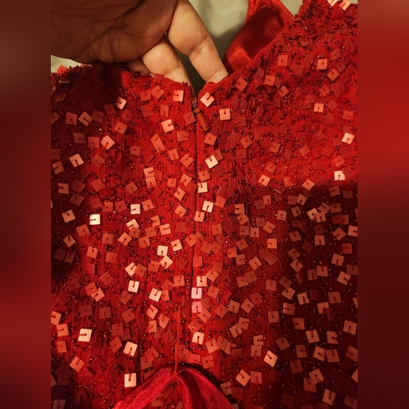Gorgeous 100 % Silk Red Sequins Dress with spaghetti straps and Satin Waist tie - Picture 6 of 8